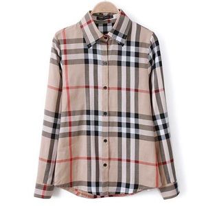 Nwot Women's Plaid Khaki Top Blouse Shirt